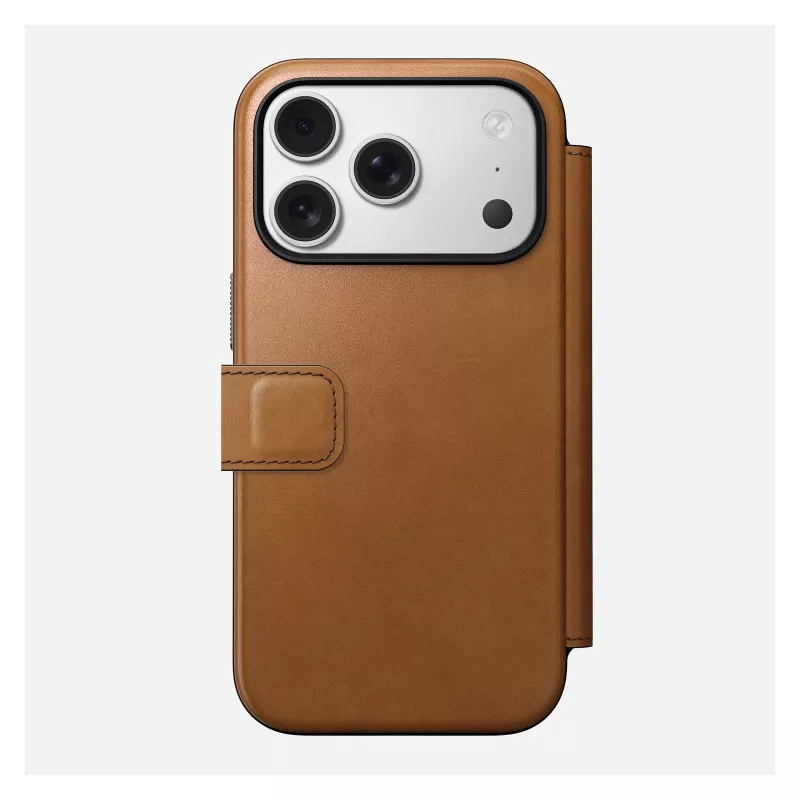 Atvāžamais tālruņa maciņš Nomad Modern Leather Folio iPhone 17 Pro, āda + alumīnijs, 6,3 collas (16 cm), iedegums, 3 karšu kabatas