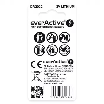 Litija monētu baterija everActive CR2032 — 3V, 20 mm, 2 gab. blisteriepakojumā