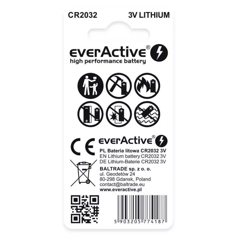 Litija monētu baterija everActive CR2032 — 3V, 20 mm, 2 gab. blisteriepakojumā