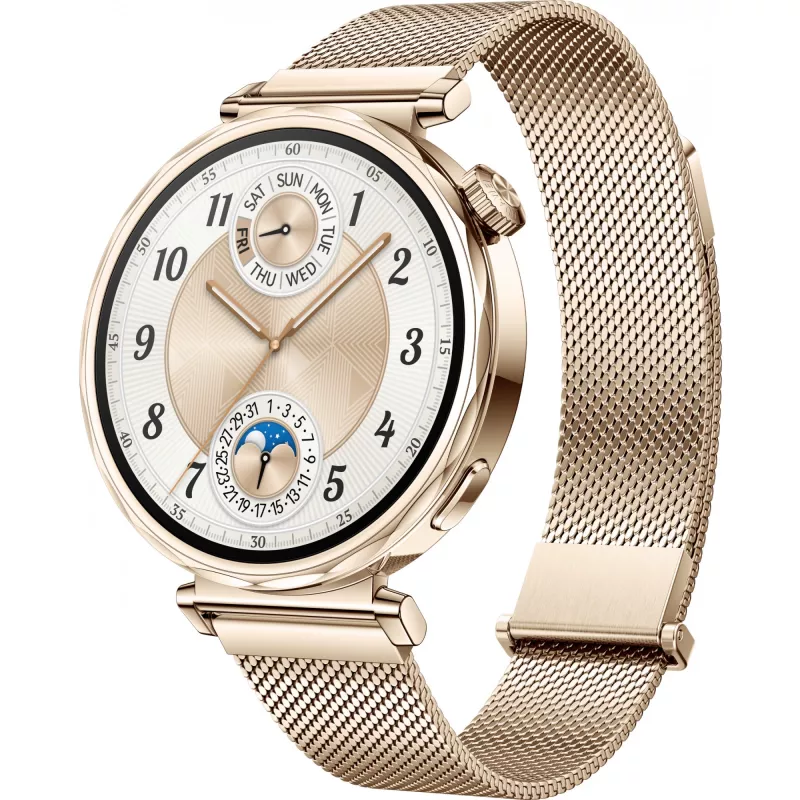 Viedpulkstenis HUAWEI WATCH GT5 41 mm — 1,32 collu AMOLED, 466×466, 323 mAh, nerūsējošā tērauda korpuss, zelta siksniņa
