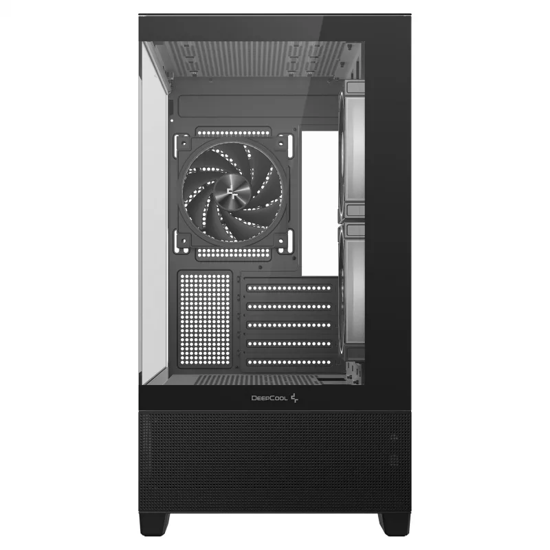 PC Midi Tower DeepCool CG380 3F — Melna, 235×437×451 mm, 2x120 mm sānu + 1x120 mm aizmugurējie ventilatori, apakšējais barošanas bloks, 2,5 collu/3,5 collu HDD