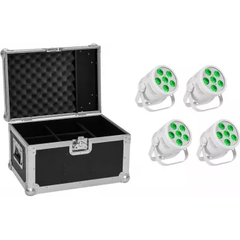 LED PAR gaismekļu komplekts EUROLITE Silent PAR 6 QCL Floor — 4 vienības ar transporta koferi