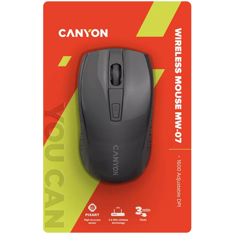 CANYON MW-7, 2,4 GHz bezvadu pele, 6 pogas, DPI 800/1200/1600, ar 1 AA bateriju, izmērs 110*60*37 mm, 58 g, melna
