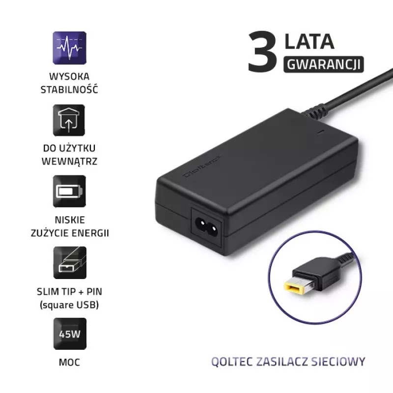 klēpjdatora tīkla adapteris Qoltec Lenovo 45W 20V 2.25A Slimtip + pin 50098.45W