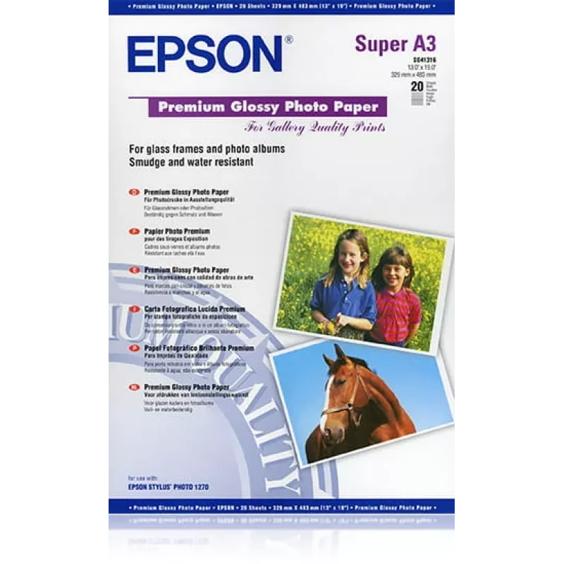 Epson Premium Glossy Photo Paper, DIN A3+, 250g/m², 20 loksnes
