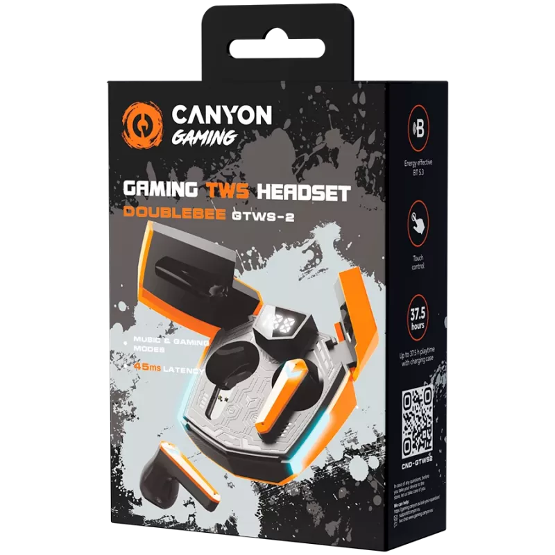 Canyon GTWS-2 Bezvadu austiņas ar auss āķi spēlēm USB Type-C Bluetooth uzlādes doks oranžs (CND-GTWS2O)