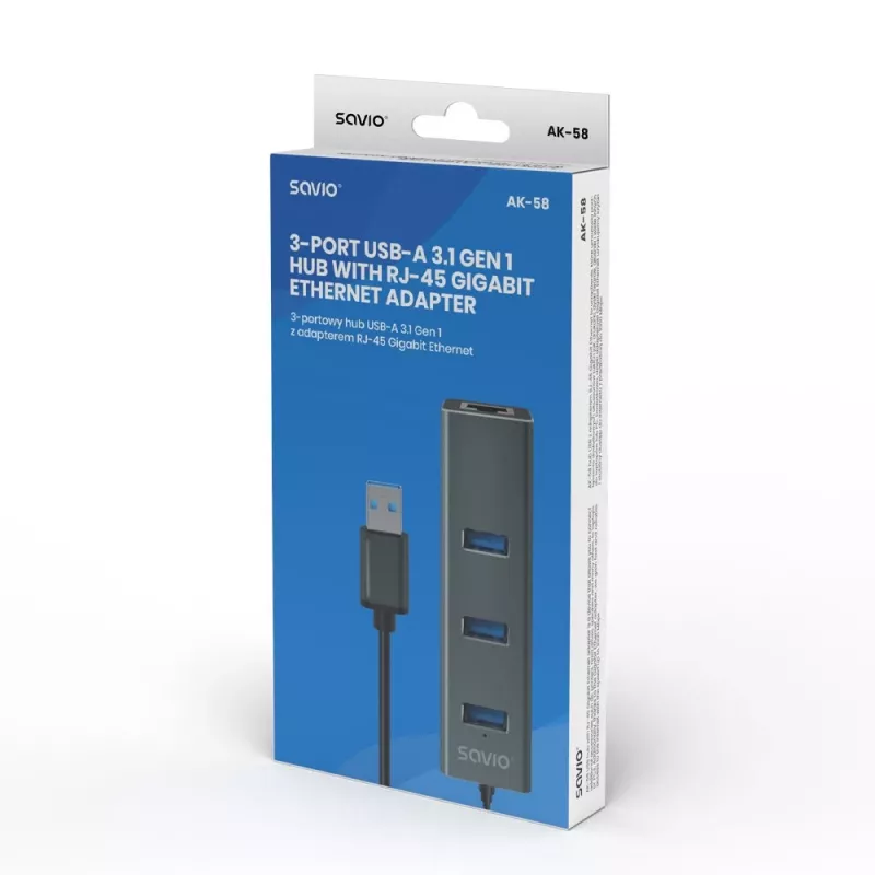SAVIO USB-A centrmezgls ar RJ-45 Gigabit Ethernet AK-57 — 3× USB-A + RJ-45, USB 3.2 Gen 1 Micro‑B resursdators, 5 Gbit/s, 4 porti, pelēks
