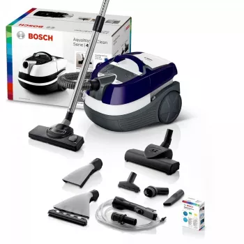 Mitrā un sausā putekļsūcējs Bosch BWD 41740 AquaWash&Clean — 1700 W, 5 L tvertne, EPA filtrs, teleskopiskā caurule, 9 m rādiuss, violets