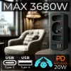 Strāvas sadalītājs MACLEAN MCE248 F/B — 3 maiņstrāvas rozetes (1x16A, 2x6A) un 4 USB porti (2xUSB‑A, 2xUSB‑C PD 20W), ES spraudnis, melns