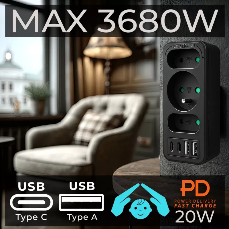 Strāvas sadalītājs MACLEAN MCE248 F/B — 3 maiņstrāvas rozetes (1x16A, 2x6A) un 4 USB porti (2xUSB‑A, 2xUSB‑C PD 20W), ES spraudnis, melns
