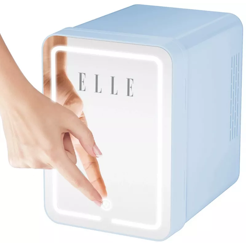 Mini ledusskapis ar LED kosmētikas spoguli Elle 4L zils — personīgais kosmētikas ledusskapis