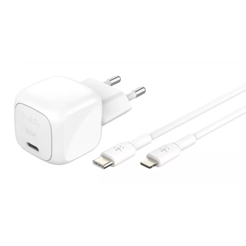 30W USB-C lādētājs Belkin WCA008KQ1MWH-B5 PD PPS, kompakts strāvas adapteris tālruņiem un planšetdatoriem