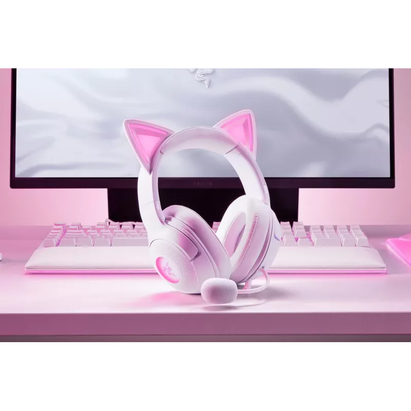 Austiņas Razer Kraken Kitty V2 vadu USB Type-A baltas — apkārtauss, galvas lente, 20–20000 Hz, 2 m kabelis