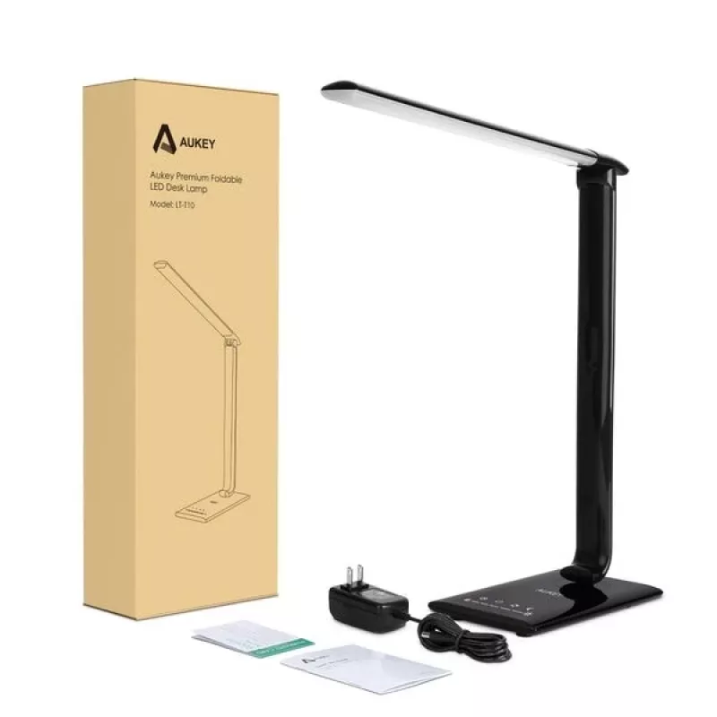 LED galda lampa Aukey LT-T10 12W 3000–6500K — regulējama krāsu temperatūra, melna