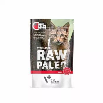 Mitrā kaķu barība VETEXPERT RAW PALEO Adult Sterilised Beef 100 g paciņa, monoproteīna, 78% mitrums