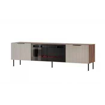 TV skapis Cama Meble ALMERA 180,5×42×52,5 cm valrieksts/kašmirs ar melnu kamīnu