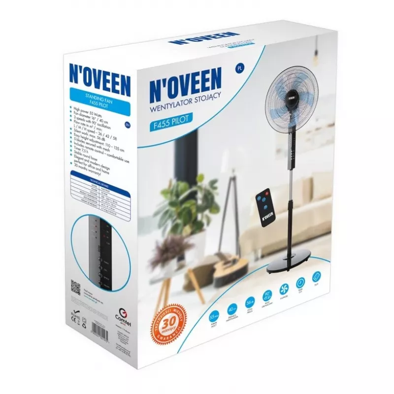 Stāvošais ventilators NOVEEN F455 16 collas (40 cm) ar tālvadību, 3 ātrumi, taimeris, svārstības, melns