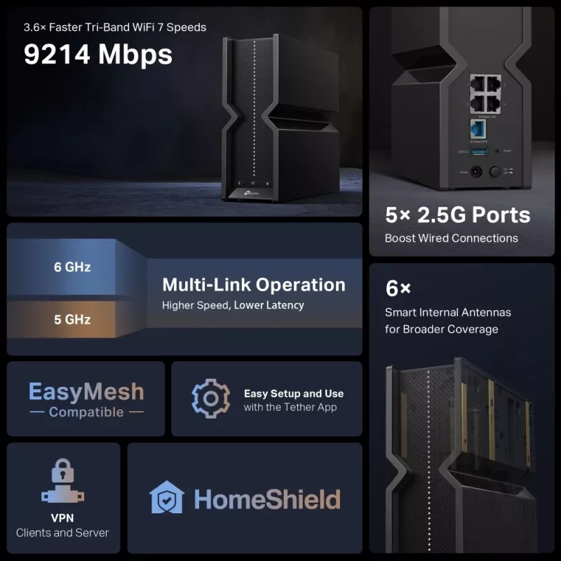 TP-Link Archer BE9300 trīsjoslu Wi-Fi 7 maršrutētājs, Wi-Fi 7 (802.11be), trīsjoslu (2.4 GHz / 5 GHz / 6 GHz), Ethernet LAN, Melns, galda maršrutētājs