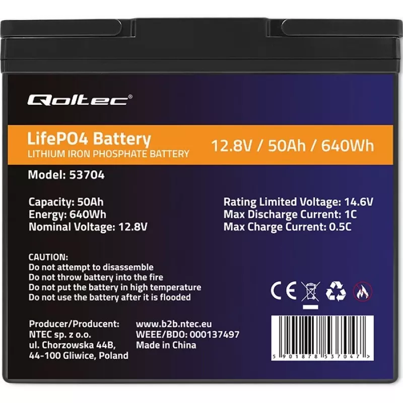 LiFePO4 akumulators QOLTEC 12.8V 50Ah (modelis 53704) rezerves barošanai un enerģijas uzglabāšanai