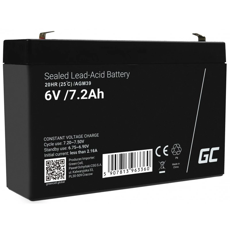 zaļa Cell AGM39 rūpnieciskā uzlādējamā baterija 7200 mAh 6 V
