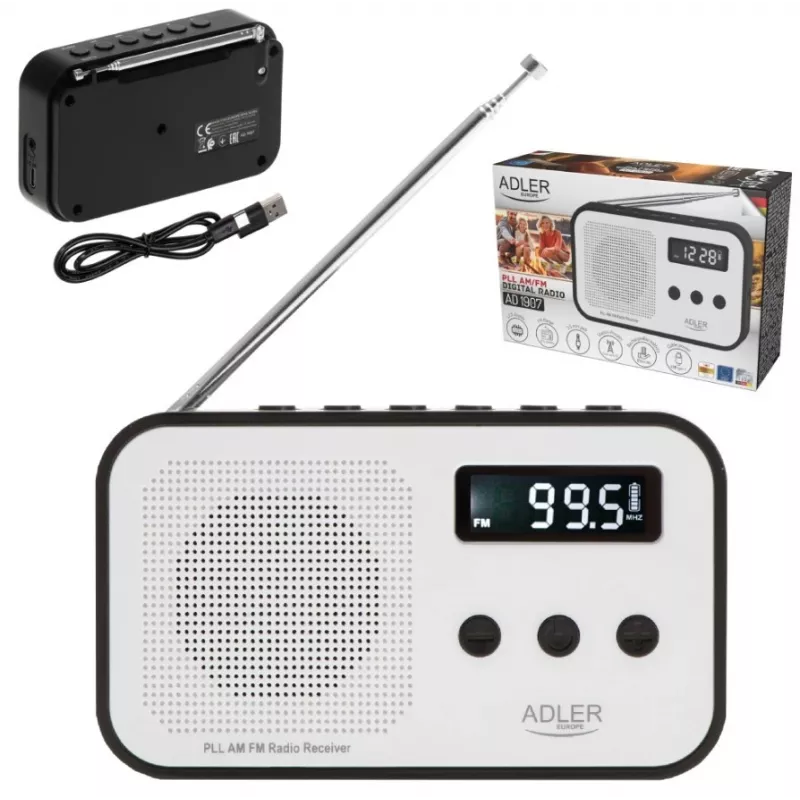 Pārnēsājamais ciparu radio Adler AD 1907 — AM/FM, ciparu uztvērējs, modinātājs, USB-C, 600 mAh baterija, LCD, 20 atmiņas vietas, teleskopiskā antena