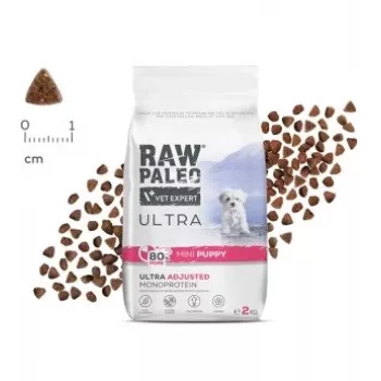 Sausā suņu barība VETEXPERT RAW PALEO Ultra Mini Puppy Pork 2 kg — pilnvērtīga barība mazo un miniatūro šķirņu kucēniem, 33% olbaltumvielu, 19% tauku