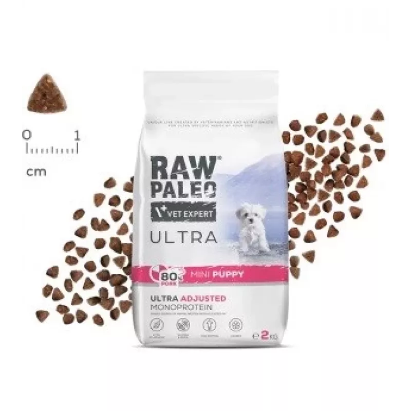 Sausā suņu barība VETEXPERT RAW PALEO Ultra Mini Puppy Pork 2 kg — pilnvērtīga barība mazo un miniatūro šķirņu kucēniem, 33% olbaltumvielu, 19% tauku