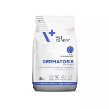 Sausā kaķu barība VETEXPERT Veterinary Diet Dermatosis Duck & Rice 2 kg — hipoalerģiska veterinārā diēta ādas problēmām, 32% proteīna, 18% tauku