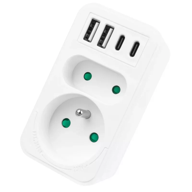Strāvas sadalītājs MACLEAN MCE249 F/W — 2x elektrotīkla rozetes (16A + 6A) un 4x USB (2x A, 2x C PD 20W)