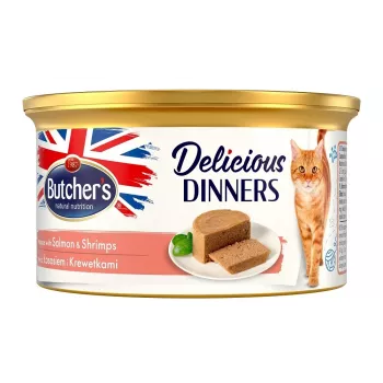 Mīkstā kaķu barība butcher's Mousse Delicious Dinners ar lasi un garnelēm 85 g, olbaltumvielas 9,5%, tauki 4%