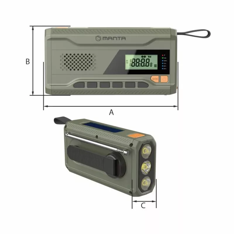 Portable FM radio MANTA RDI401G with solar panel, dynamo crank, 4000–4500mAh battery, 5V USB output, 3W, flashlight