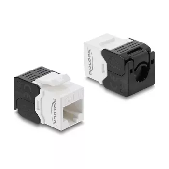 Keystone modulis DELOCK RJ45 uz LSA Cat.6 UTP bez instrumentiem, plakana konstrukcija, 16.2×28.2×19.4 mm, melns/balts
