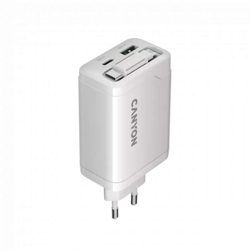 CANYON lādētājs OnCharge 65RC ar iebūvētu USB-C kabeli 65W, 1x PD, 1x QC, ES spraudnis, balts