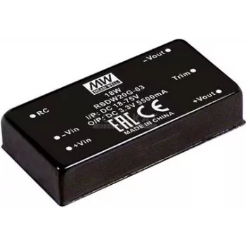 strāvas adapteris MEAN WELL RSDW20F-03 — 20 W jauda, 3 V izejas spriegums, dziļums 50,8 mm, svars 35 g