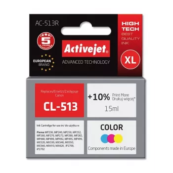 Tintes kasetne ActiveJet AC-513R saderīga ar Canon CL-513, 15 ml uz krāsvielu bāzes, XL augsta ienesīguma, krāsaina (ciāna/fuksīna/dzeltena), atjaunota premium