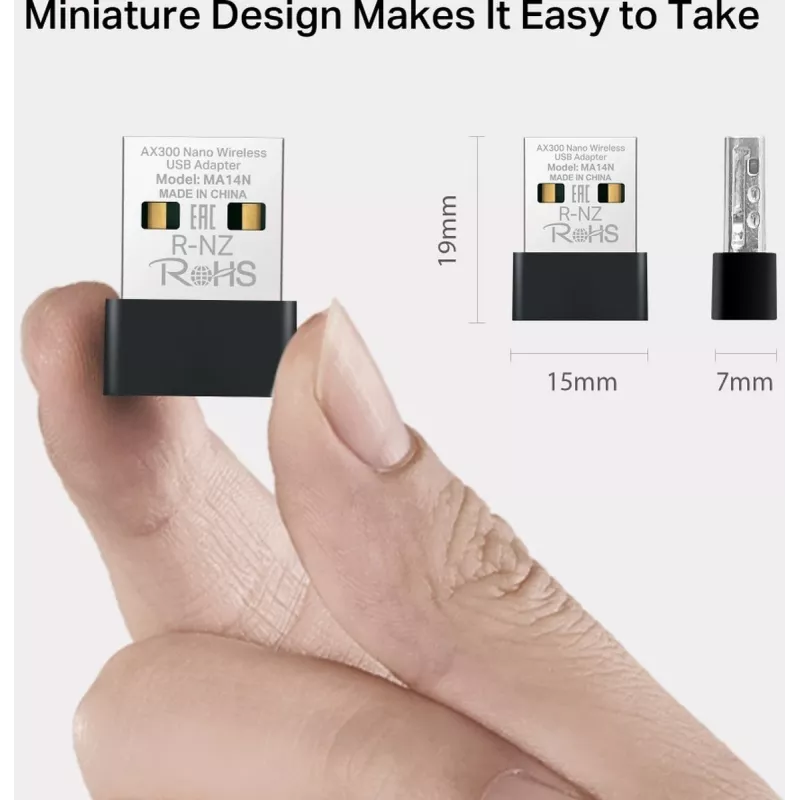 USB Wi‑Fi adapteris MERCUSYS MA14N — USB Type‑A, 2,4 GHz vienas joslas, līdz 287 Mb/s, melns