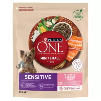 Sausā suņu barība Purina Nestlé One Mini/Small Sensitive Salmon & Rice 800 g – mazo šķirņu (5–10 kg), senioriem, 27% olbaltumvielu, 17% tauku
