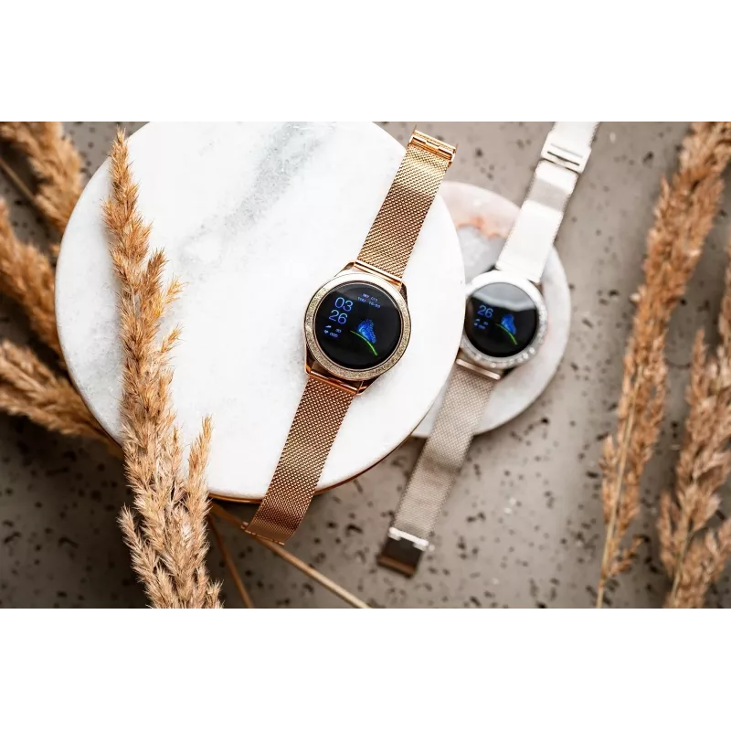 Smartwatch ORO-MED ORO-SMART CRYSTAL SILVER — apaļš metāla korpuss, LCD 240×198, 1,04 collu displejs, Bluetooth 4.0, ūdensizturīgs, 120 mAh baterija