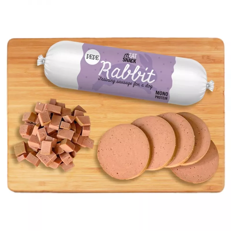 Suņu kārums PAKA ZWIERZAKA Pepe Sausage Rabbit 200 g — mīksts, hipoalerģisks trusis garšas desiņš, bez graudiem un glutēna