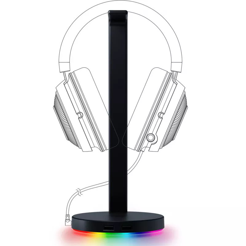 Razer Base Station V2 Chroma, melns, 2 x USB 3.1 porti, 1 x 3.5mm kombinētais ports ar iebūvētu DAC, 7.1 telpiskā skaņa, Razer Chroma™ RGB, alumīnija konstrukcija, neslīdoša pamatne