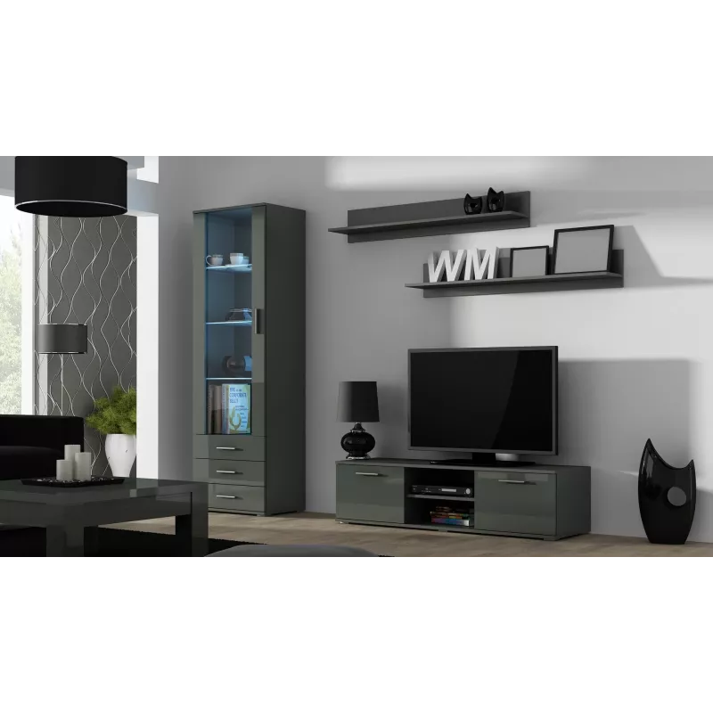 TV statīvs cama meble SOHO 140 — 1400×430×370 mm, pelēka virsma (skaidu plātne), pelēks rāmis