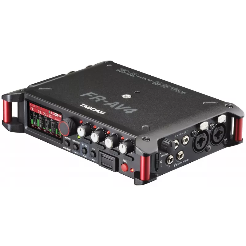 Pārnēsājams audio ierakstītājs Tascam FR-AV4 — 6 kanāli, 4 XLR combo + 2x 3,5 mm, 24/32 biti, 48/96/192 kHz, MicroSD līdz 512 GB, USB-C, PD