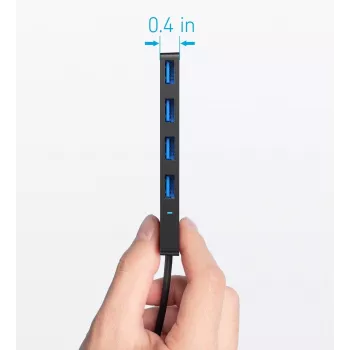 USB centrmezgls Anker Ultra plāns A8309G11 — USB Type-C resursdators, 3× USB 3.2 Gen 1 Type-A, kompakts 103×30×10 mm, melns