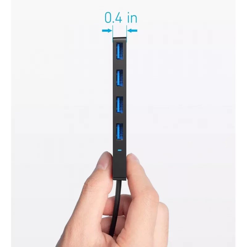 USB centrmezgls Anker Ultra plāns A8309G11 — USB Type-C resursdators, 3× USB 3.2 Gen 1 Type-A, kompakts 103×30×10 mm, melns