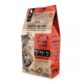 Sausā suņu barība wiejskazagroda liellopa gaļa ar tītaru 2 kg — bez graudiem, olbaltumvielas 31%, tauki 20%