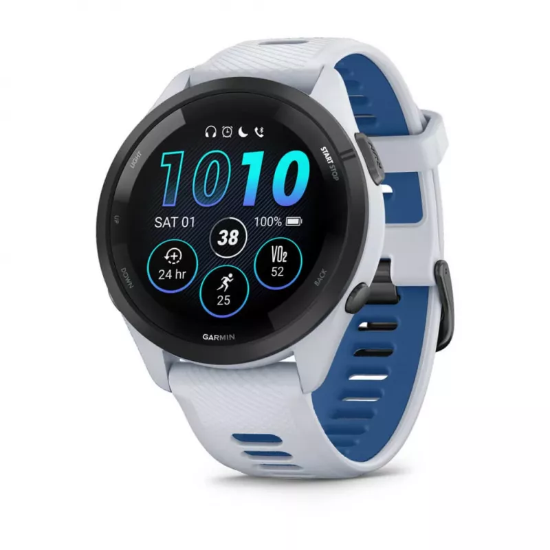 GARMIN Forerunner 265 viedpulkstenis — 46 mm GFRP korpuss, AMOLED 1,3 collas, GPS/GLONASS/Galileo, 15 dienu akumulators, 5 ATM, silikona siksniņa