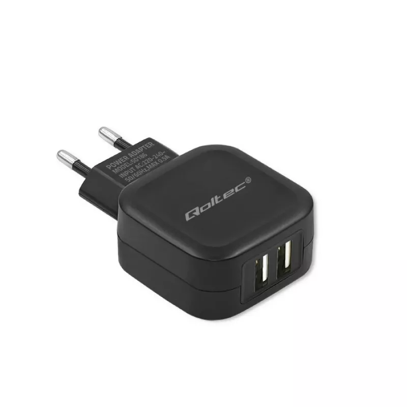 Maiņstrāvas iekštelpu lādētājs QOLTEC 50186 viedtālruņiem un planšetdatoriem, 5 V 3,4 A, 17 W, 2× USB, melns