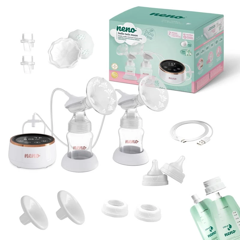 Elektriskais dubultkrūšu sūknis neno Bella Twin Moon — bezvadu, divfāžu, LCD, 150 ml pudelītes, pērļu krāsā
