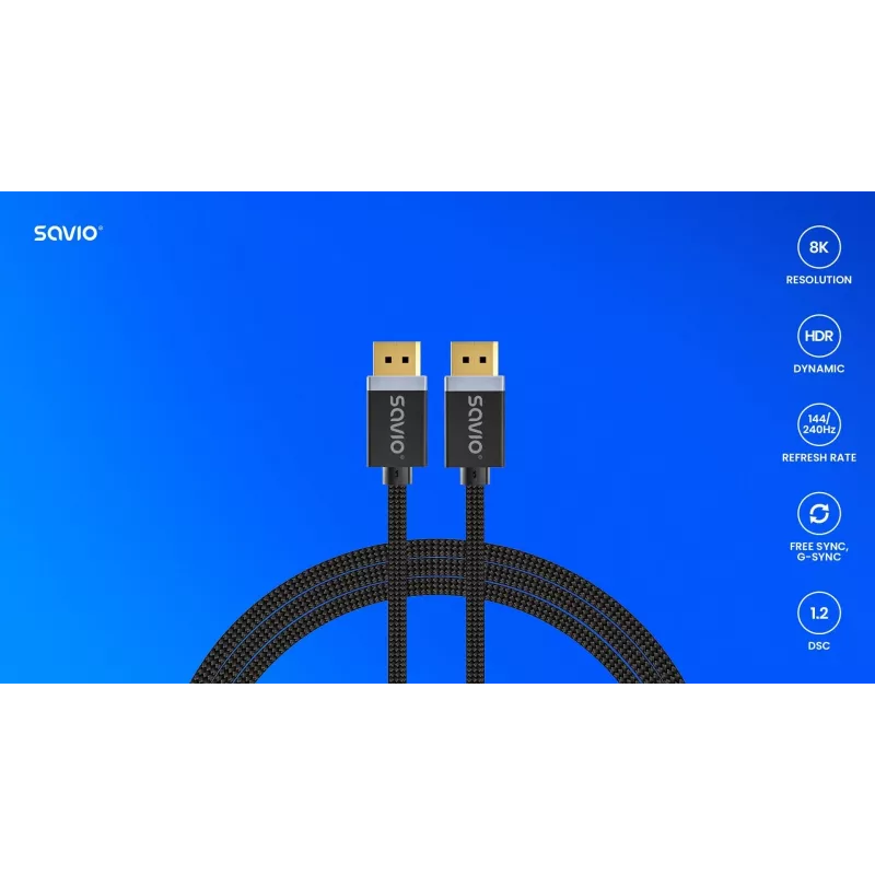 DisplayPort kabelis SAVIO CL-166 2 m melns — DisplayPort 1.4, tēviņš-tēviņš, apzeltīti kontakti