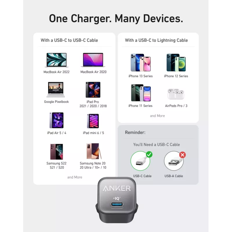 Iekštelpu maiņstrāvas lādētājs Anker 511 Nano 3 — 30W, 1× USB-C, 100–240V, Melns
